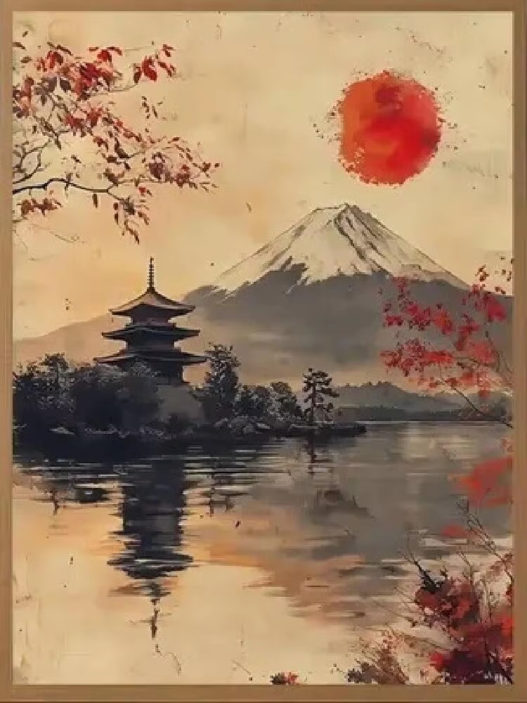 Japanese Lifestyle Game - 数字で描く油絵 日本風 赤い太陽の風景 キャンバスアート 壁飾り 部屋やリビングルーム用