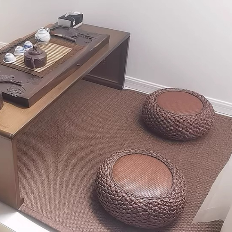Tatami Mat Rush - ホーム 厚手シートクッション 籐編み畳敷きクッション 座布団 祈り瞑想マット 丸型ヨガフロアクッション