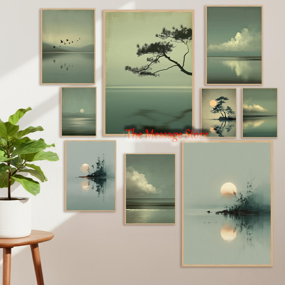 Japanese Minimalist Lifestyle - 日本の風景ミニマリスト月湖雲海景禅侘び寂びセージグリーンポスターキャンバス絵画壁の絵家の装飾