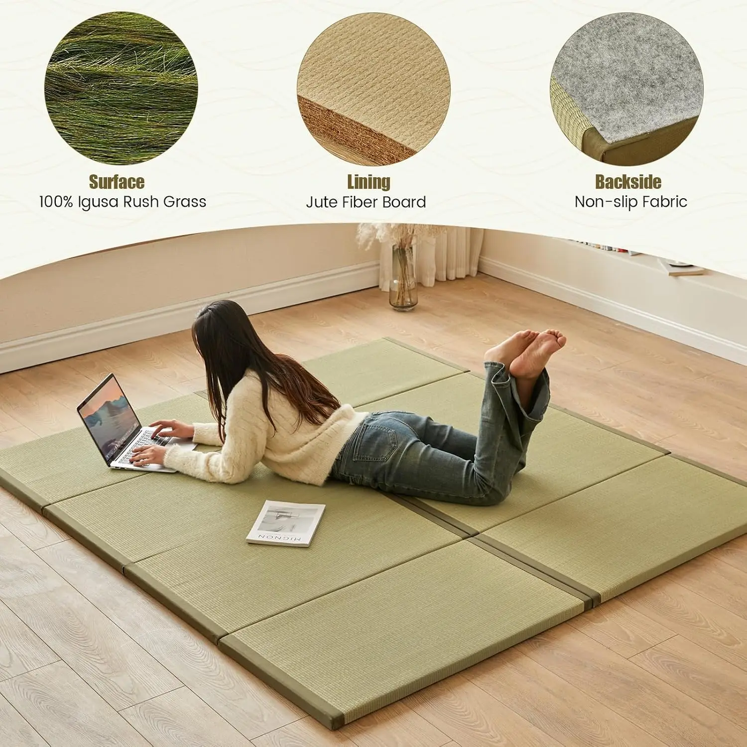 日本の畳マット、折り畳み式イグサ（葦）製床マット |   天 - Tatami Mat Rush のレビューと価格